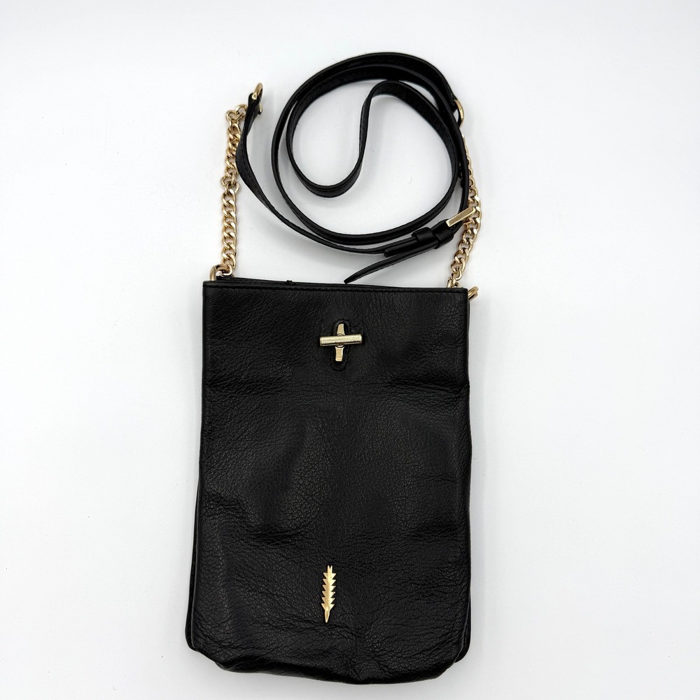 Thacker New York Black Pebbled Leather Crossbody Phone Bag Gold Hardware 8.5x6